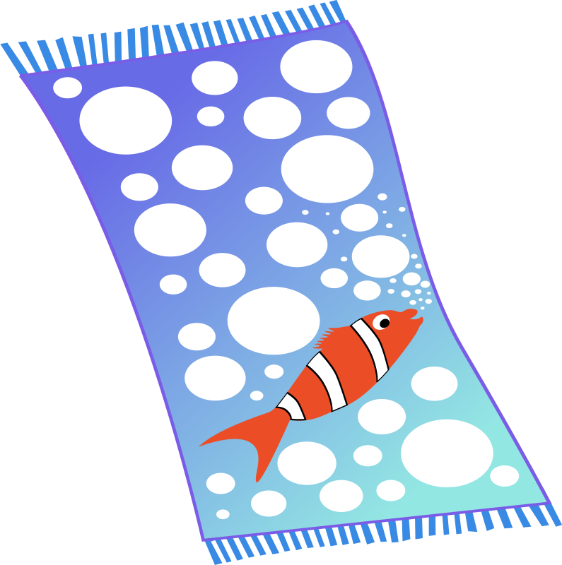 Towel blue with white bubbles and red fish with white strips