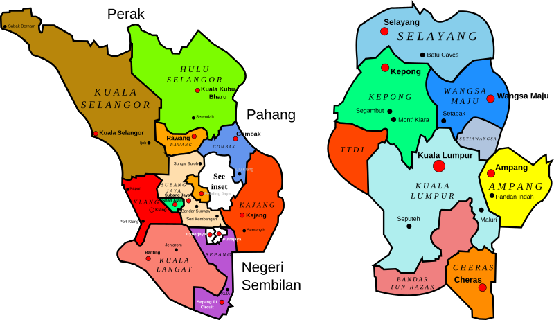 Map of Selangor and Kuala Lumpur, Malaysia