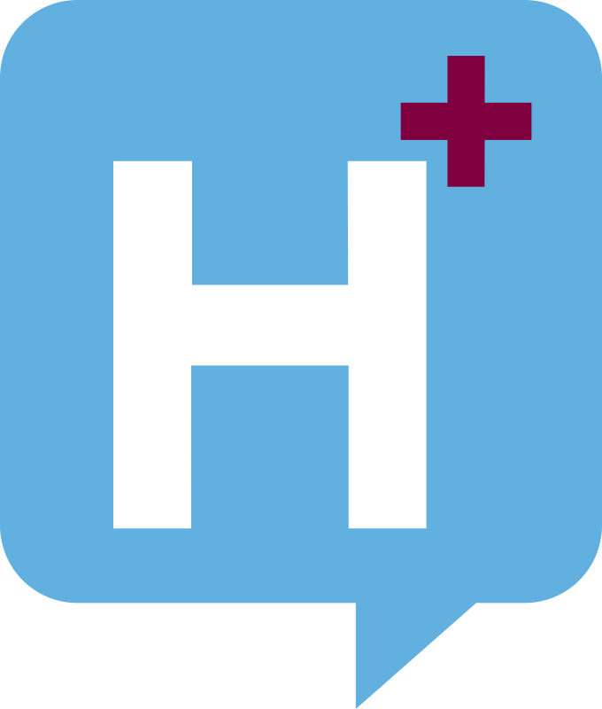 H+ Logo for Health.SE. No background. White and purple text