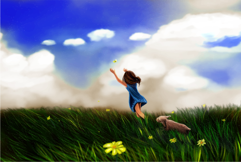 Little Girl Chasing Butterfly In An Open Field