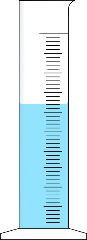 breiter Messzylinder mit blauer Flüssigkeit und unregelmässigem Körper