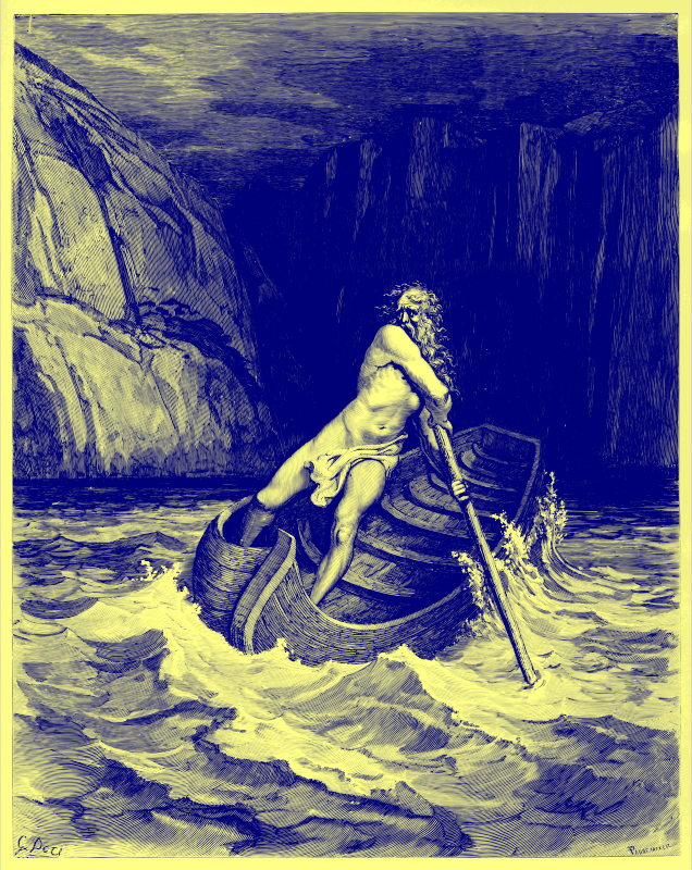 Charon, by Doré 1857 (in blue ink on yellow paper)