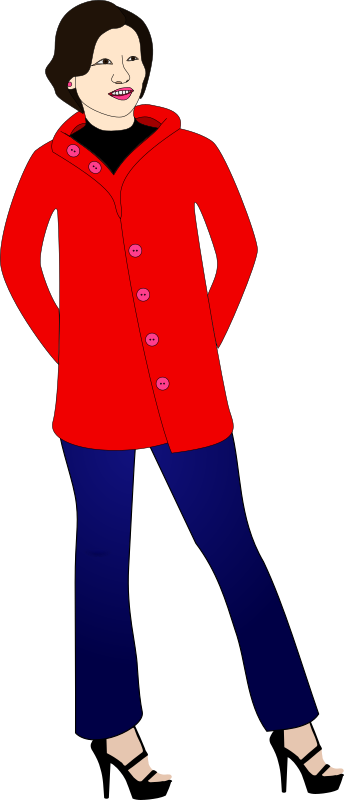 Woman in jeans, heels, and a red coat