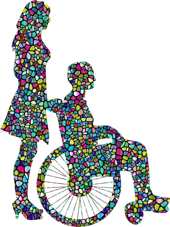 Polyprismatic Tiled Woman Pushing Man In Wheelchair Silhouette With Background