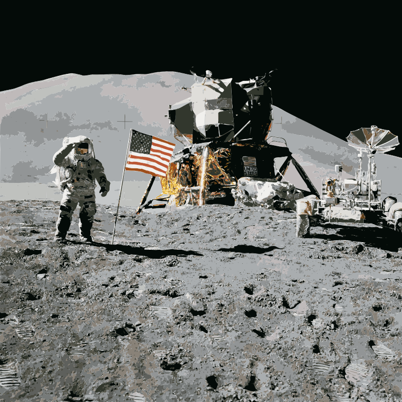 Apollo 15 flag, rover, LM, Irwin