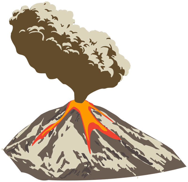 Erupting volcano with ash plume and lava flow