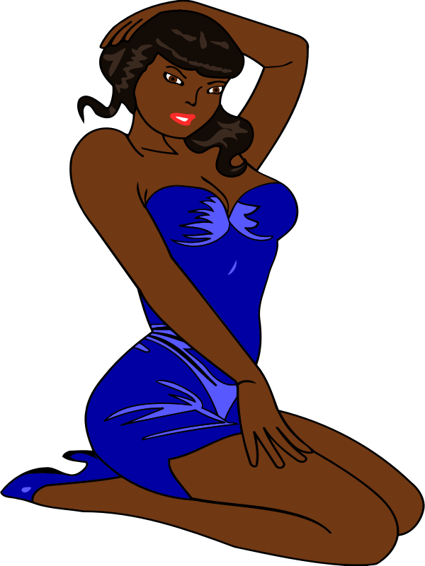 Woman kneeling (dark skin, blue dress, black hair)