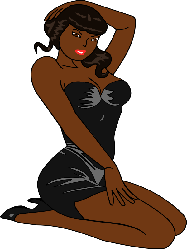 Woman kneeling (dark skin, black dress, black hair)