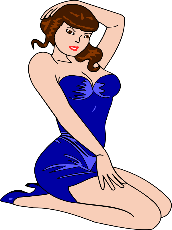 Woman kneeling (light skin, blue dress, brown hair)