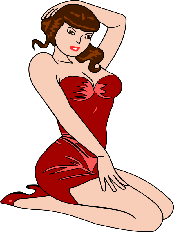 Woman kneeling (light skin, red dress, brown hair)