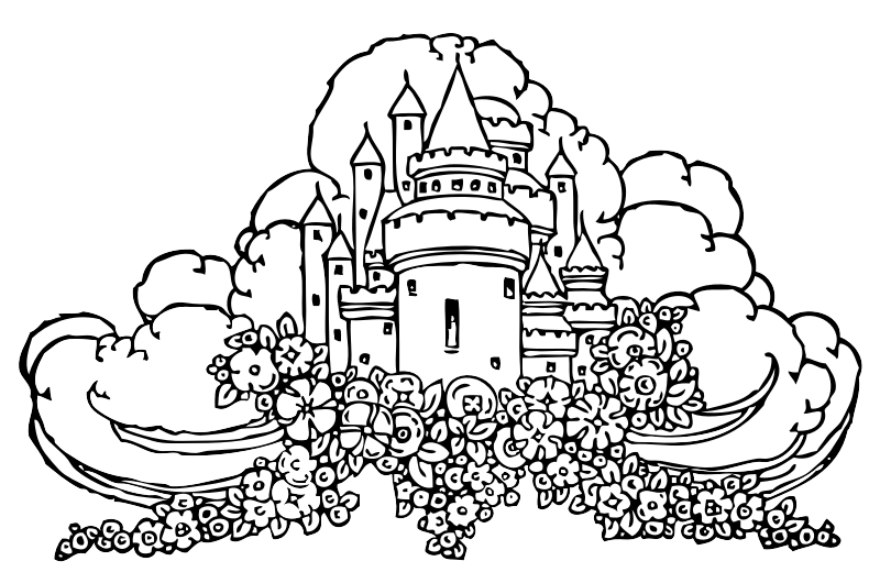 Castle with clouds and flowers