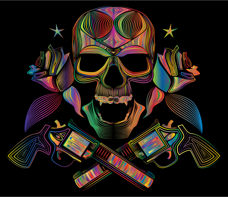 Flowers And Firearms Skull Line Art Polyprismatic