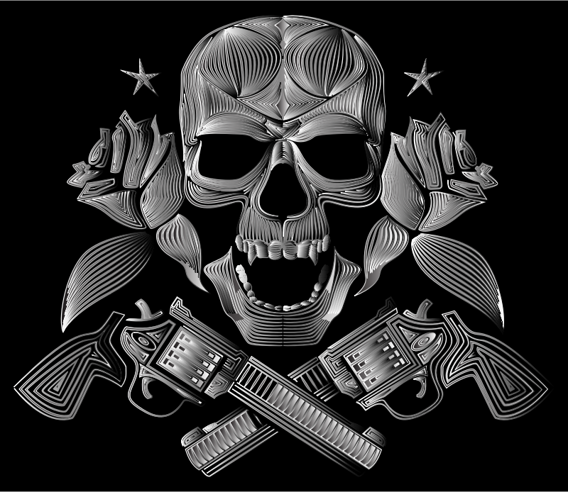 Flowers And Firearms Skull Line Art Duochrome