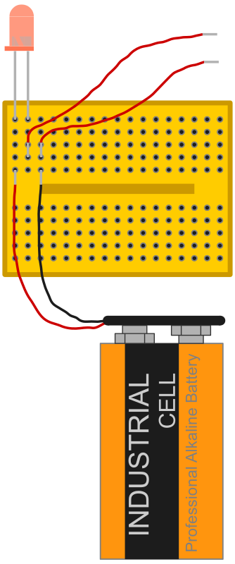 red led with 9 V battery connected via breadboard with open terminals