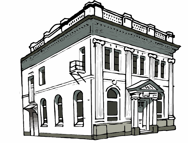 A drawing of a bank building