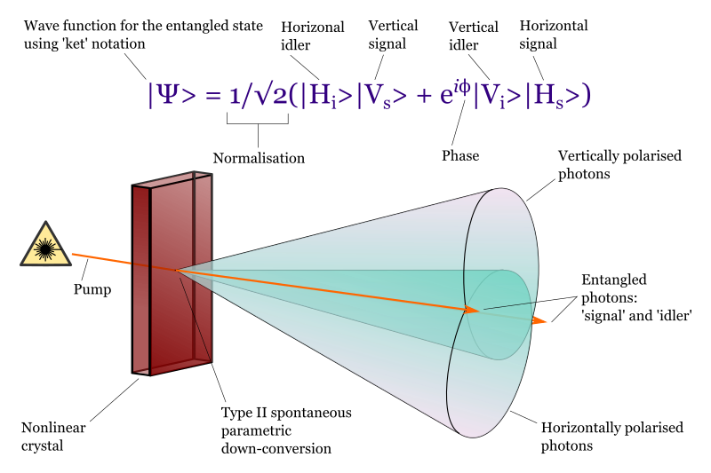 Labeled diagram of type II spontaneous parametric down-conversion of entangled photon pair with wave equation