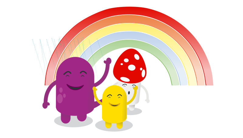 Cute Cartoon Characters and a Rainbow