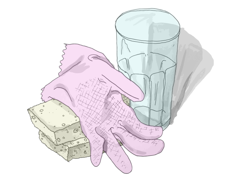 Sponges, Plastic Glove and a Glass