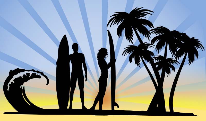 Surfer Couple and Palm Trees