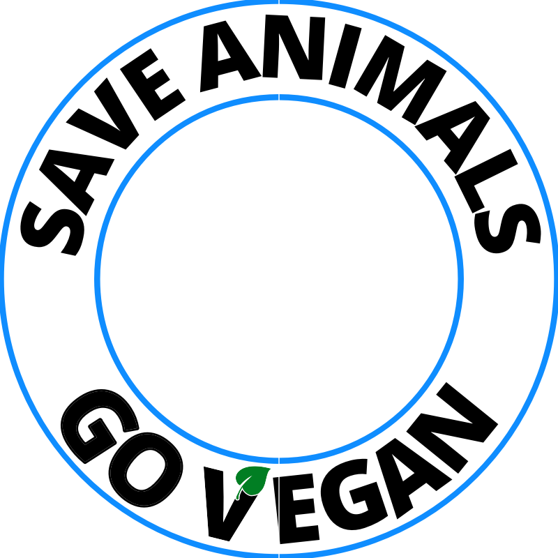 Save animals go vegan round circle frame overlay with blue 
