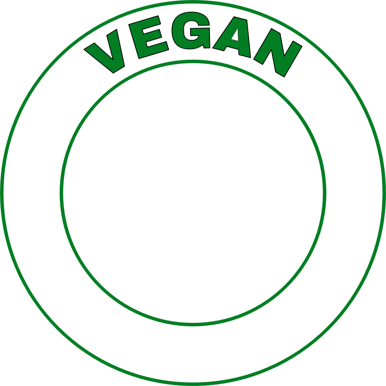 Vegan word in green text on white circle with transparent middle 