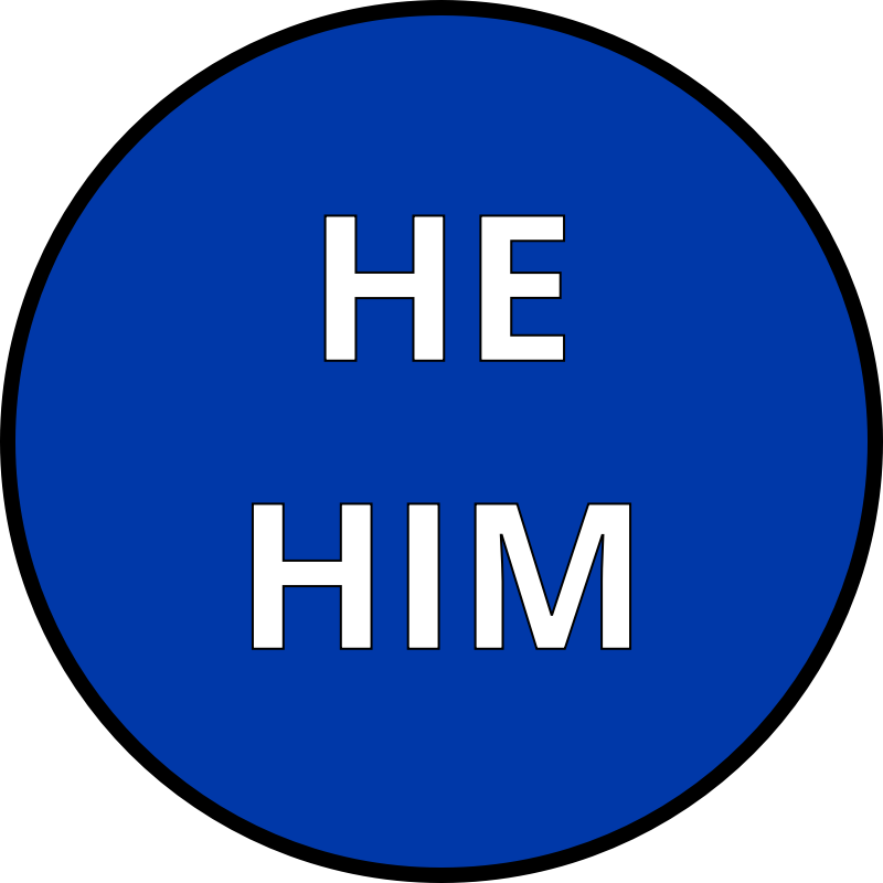 he him pronouns round dark blue badge 