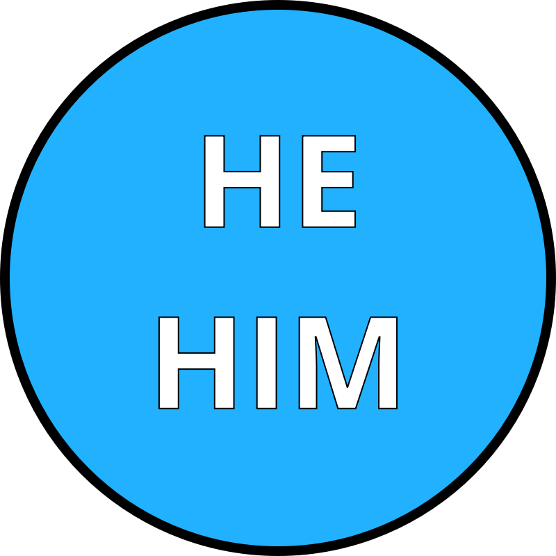 He / him male pronouns round bright blue badge